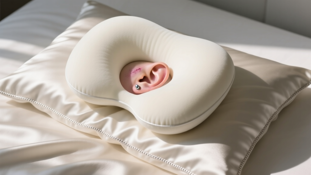 Top-down view of a silk pillowcase and travel pillow protecting a healing left ear cartilage piercing from sleep friction.