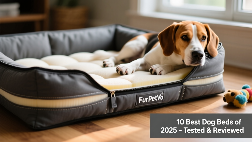 Close-up of the FurPetVo orthopedic dog bed showing layered foam construction and removable charcoal-gray cover