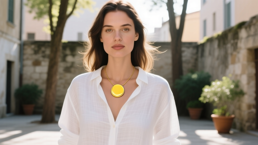 A woman wearing a gold filled disc necklace over a white linen shirt, showcasing the warm yellow tone and everyday wearability.