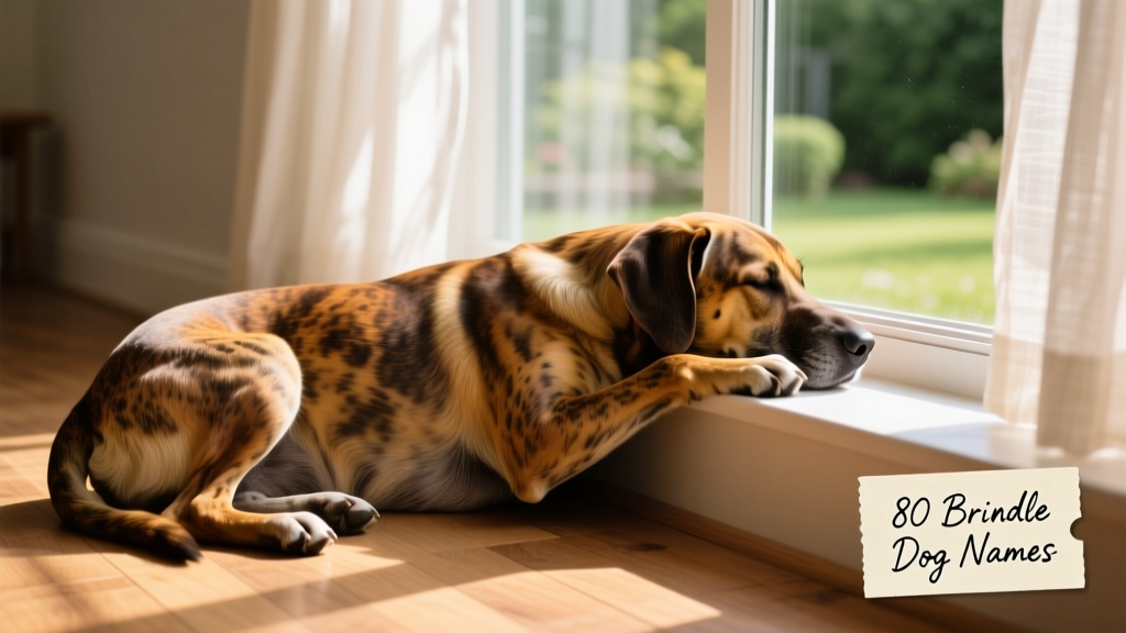 A brindle dog resting peacefully beside a sunlit window, with soft light highlighting the subtle gradation of stripes across its back