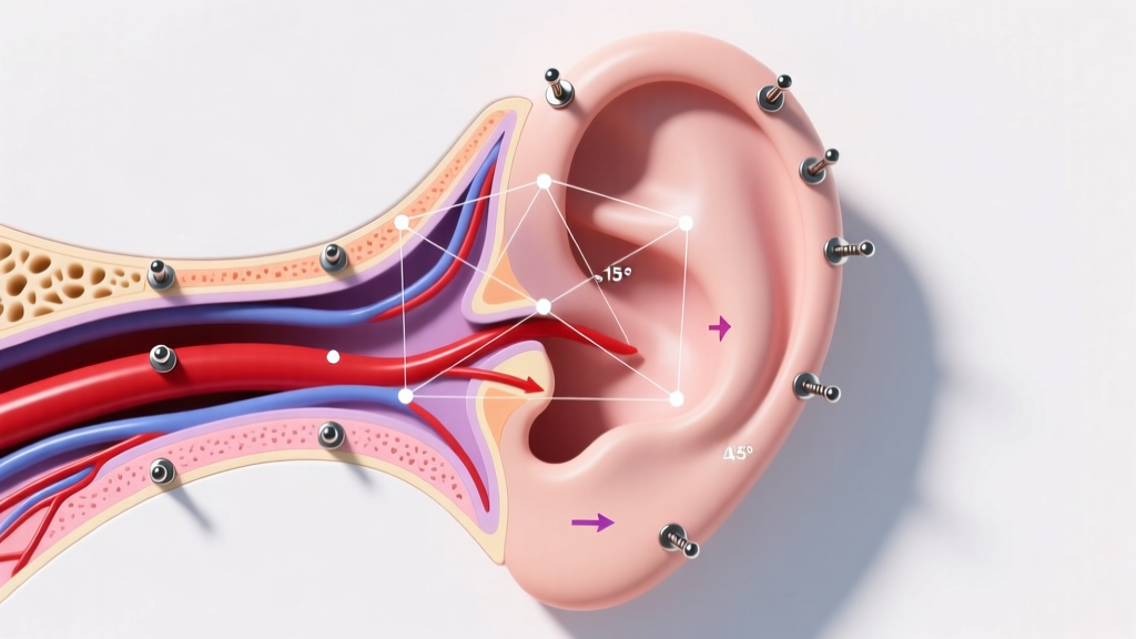 Medical diagram of ear cartilage blood flow zones and optimal placement angles for a ten-piece multi-piercing ear constellation