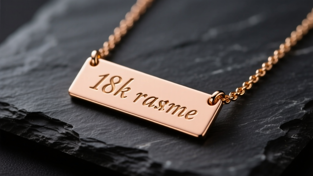 Close-up of 18k rose gold custom nameplate necklace on dark slate, lit by soft studio lighting to show fine metal detail and texture