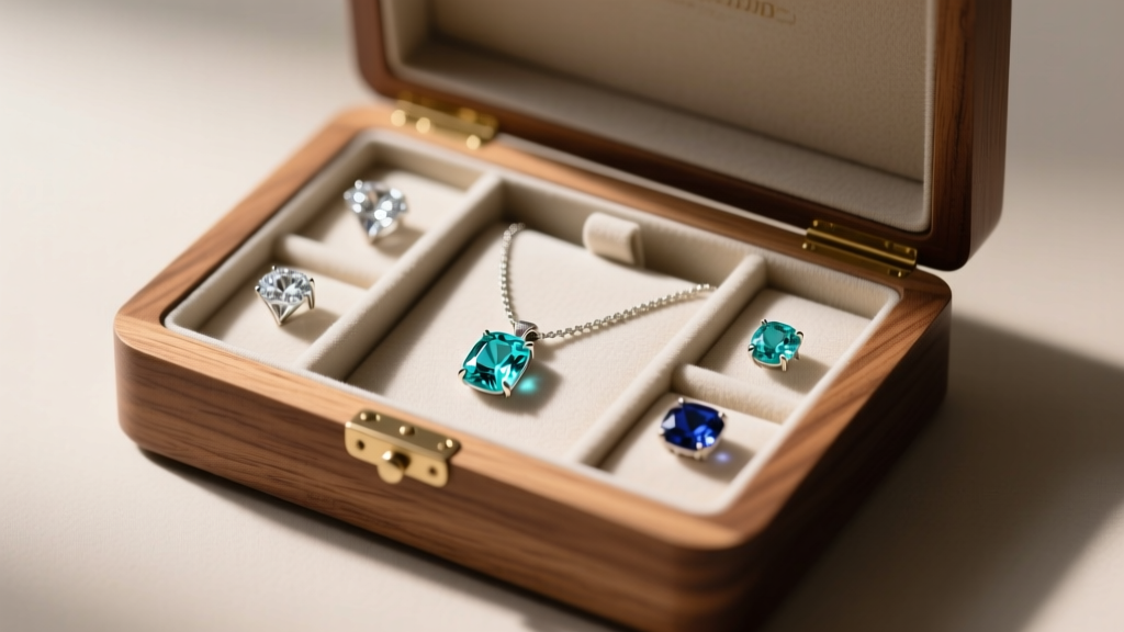 Lined wooden jewelry box storing a mens aquamarine necklace safely separated from harder diamond and sapphire jewelry pieces