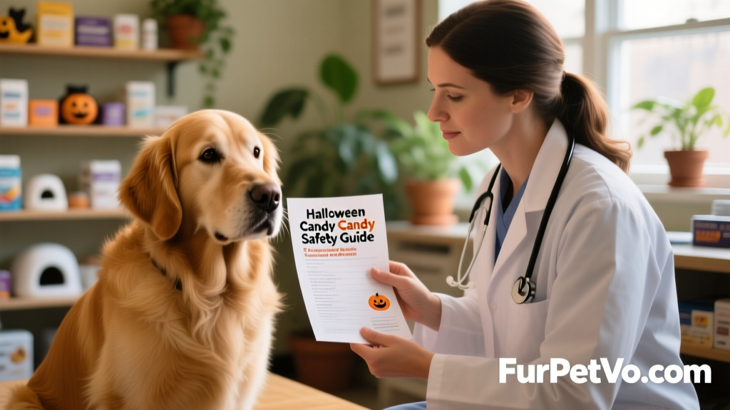 A veterinarian examining a calm, seated dog while holding a printed list titled 'Halloween Candy Safety Guide'—with FurPetVo.com logo visible in the corner