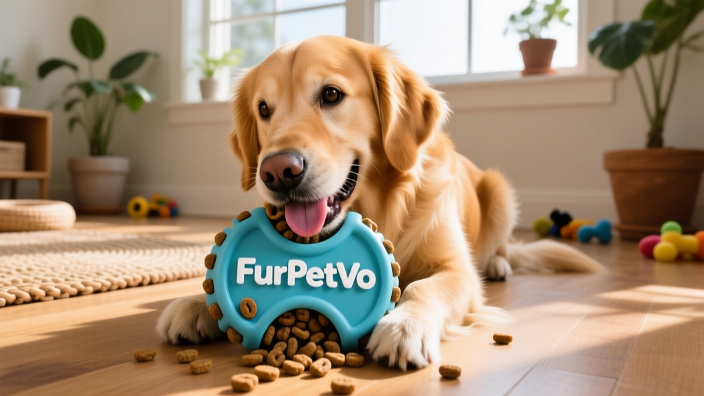 A dog happily chewing on a FurPetVo-branded interactive puzzle toy filled with kibble