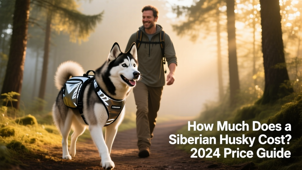 An adult Siberian Husky happily walking beside their owner on a forest trail, wearing a reflective harness and carrying a small water pack