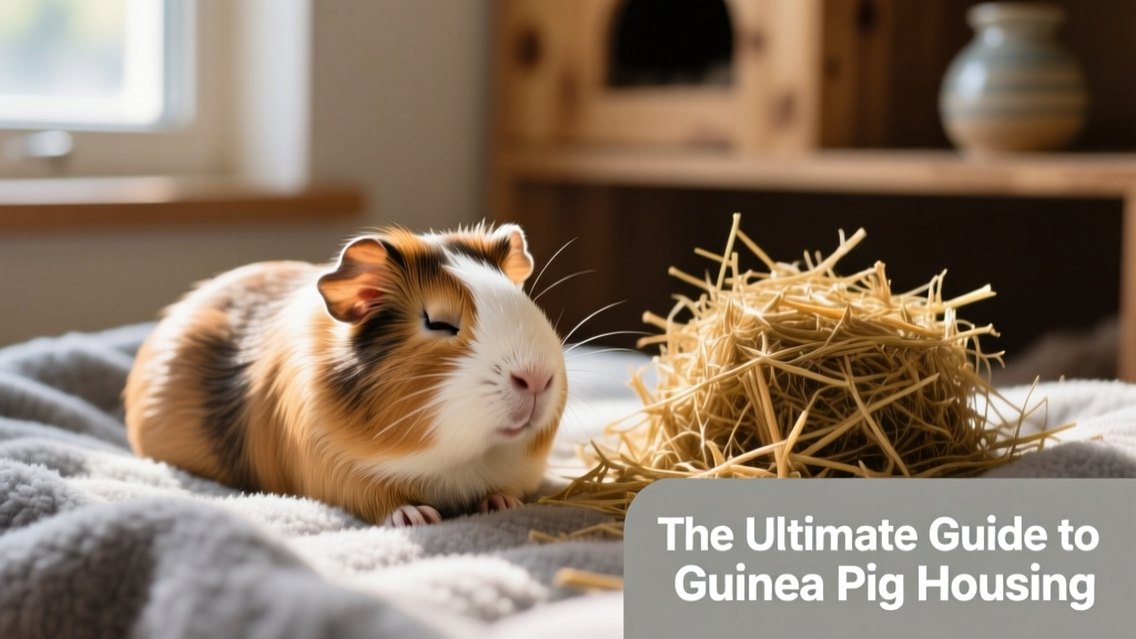 Close-up of a guinea pig resting on soft gray fleece bedding beside a pile of fresh timothy hay
