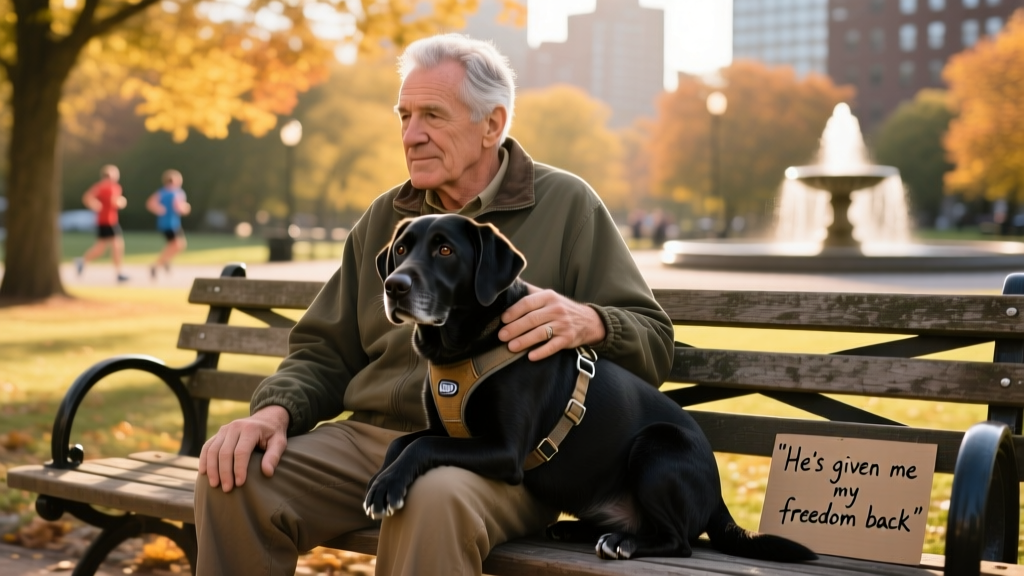 Paul Coppola sitting beside Dobby, a black Labrador mix, at a quiet park bench