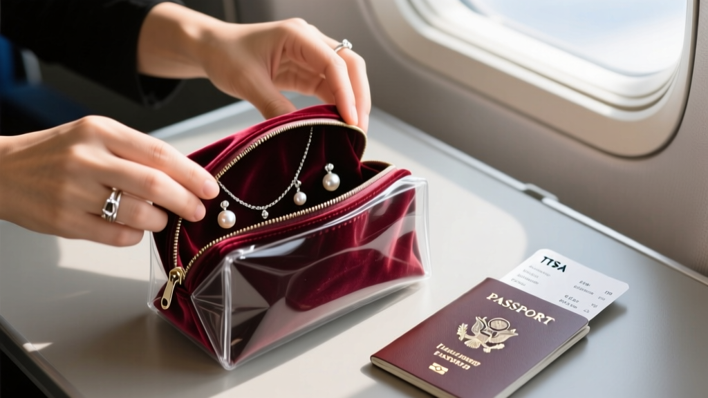 Hands placing a velvet zippered jewelry pouch into a clear TSA-approved toiletry bag next to a passport and a boarding pass