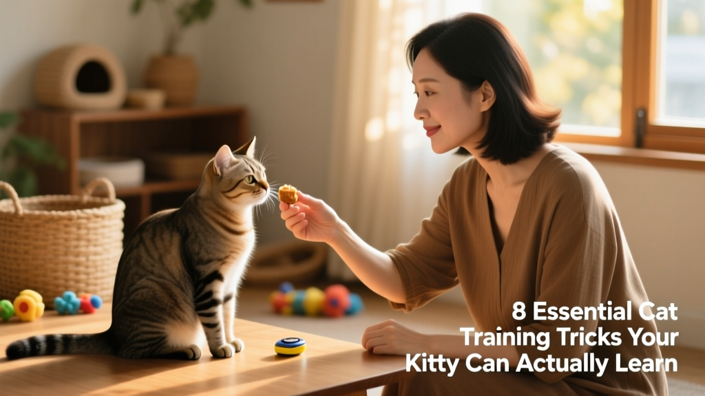 asian woman giving treat to sitting cat after "sit" command