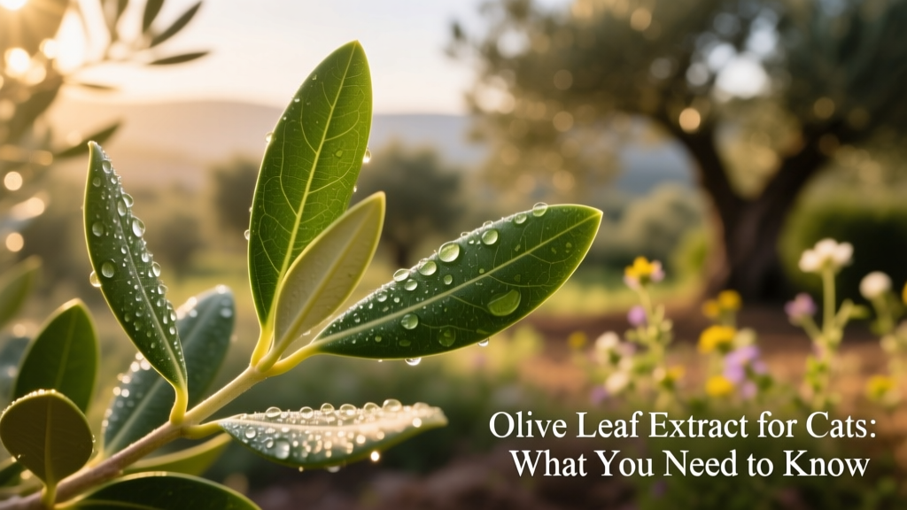 Close-up of fresh olive leaves with dewdrops, highlighting their natural texture and green color