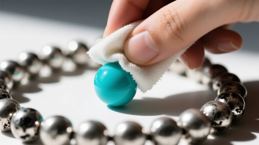 Hands gently wiping a single turquoise bead with a dry microfiber cloth, avoiding the adjacent oxidized sterling silver beads.