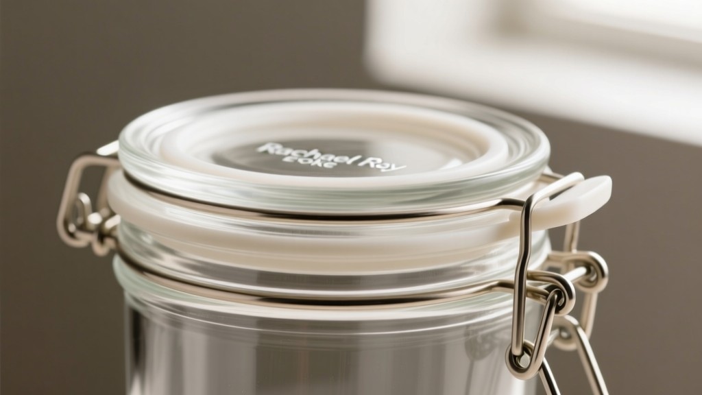 Close-up of Rachael Ray Evoke glass container lid showing the interlocking silicone gasket and snap-lock BPA-free plastic clips