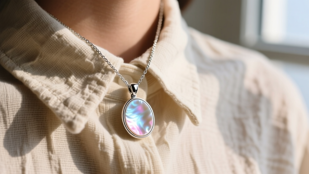 Close-up of a 925 sterling silver necklace with a polished mother-of-pearl shell pendant resting on a beige linen shirt collar.