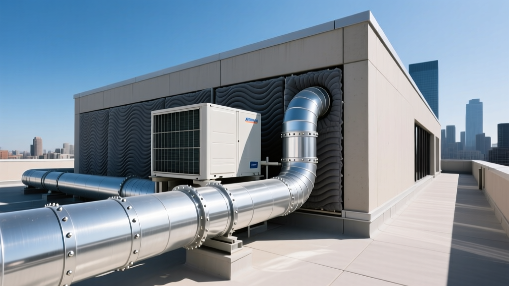 Commercial rooftop HVAC unit installation with exposed galvanized steel ductwork and specialized acoustic insulation on a modern building