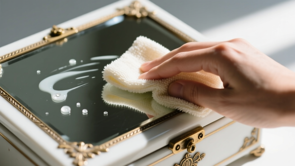 Close-up of a soft microfiber cloth gently wiping the white enamel surface of an antique jewelry box with a mild soap solution