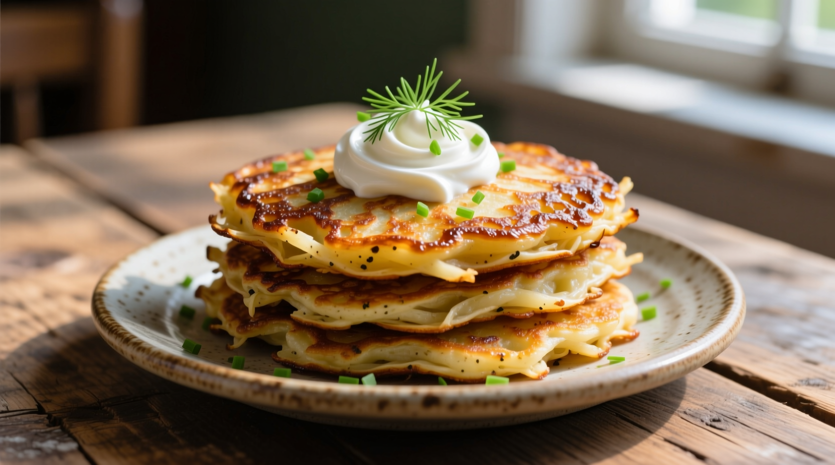 Crispy golden potato pancakes on a plate with sour cream