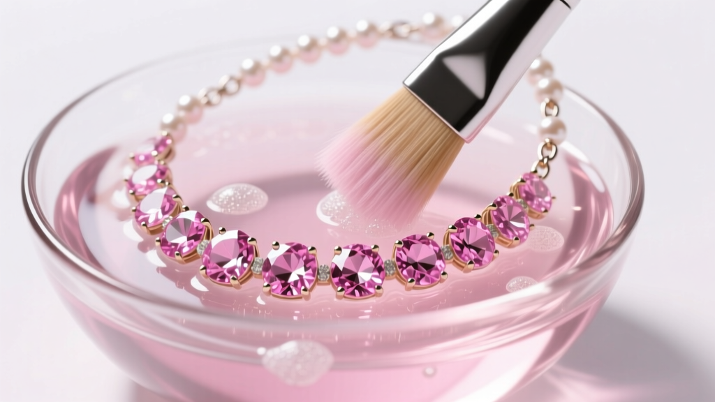 Soft brush cleaning a pink morganite tennis necklace in a glass bowl of warm soapy water under bright, focused studio lighting