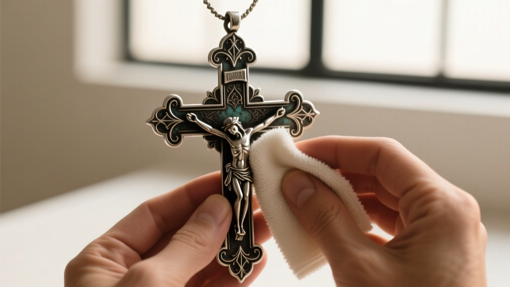 Hands using a microfiber polishing cloth to gently clean an intricate gothic grucifix pendant, highlighting the darkened crevices