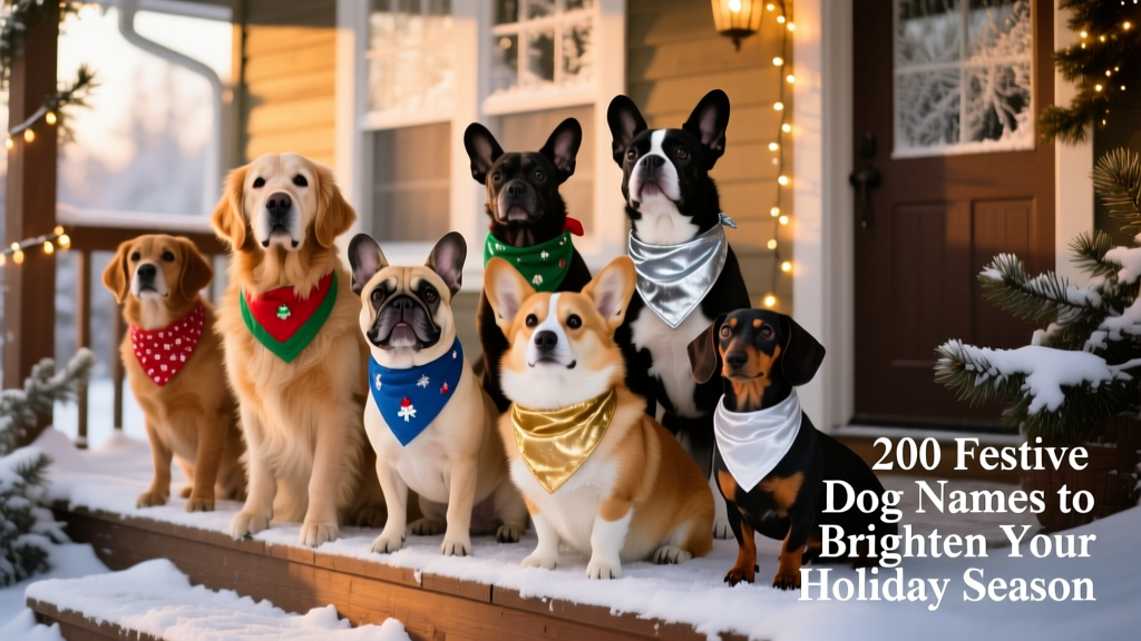 A diverse group of dogs wearing holiday-themed bandanas—red and green, blue and silver, gold and white—posing together on a snowy porch