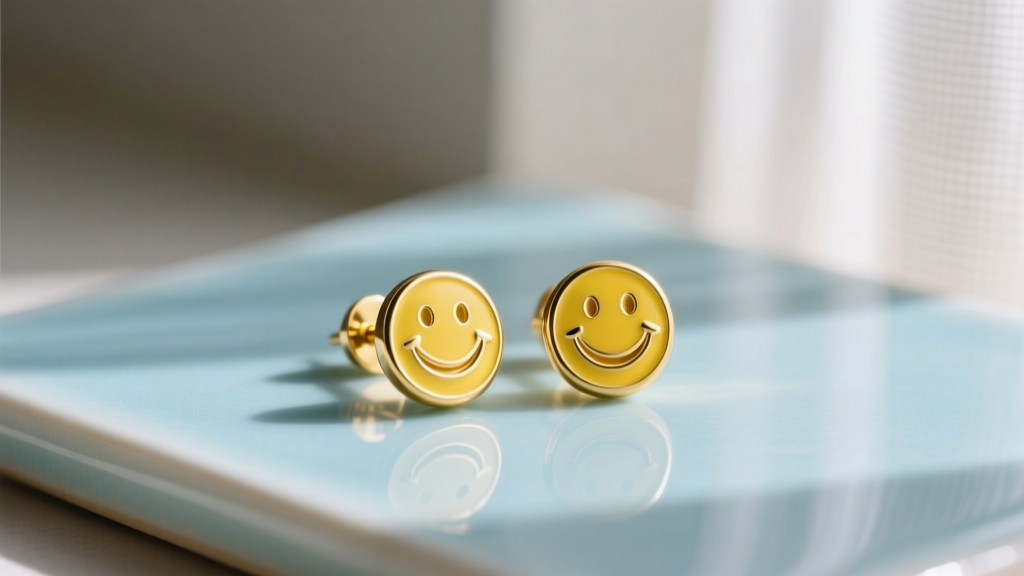 Close-up of 18k gold happy face stud earrings on a pastel blue tile, soft light highlighting the yellow enamel smile.