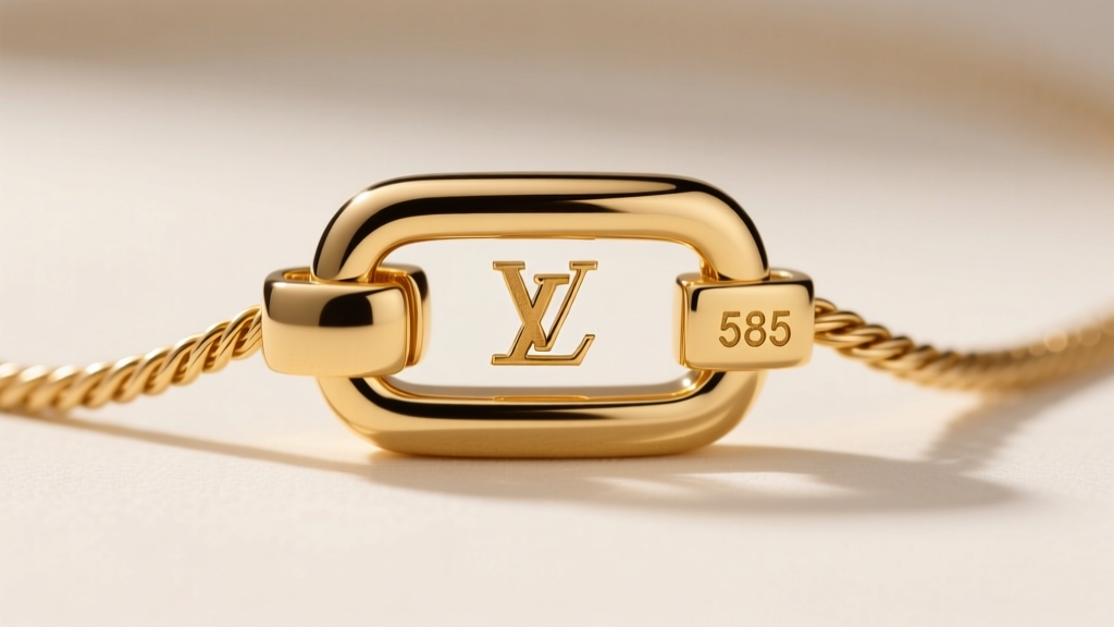 Close-up of a 14k gold lobster clasp on a delicate cable chain, showing the laser-engraved designer hallmark and 585 purity stamp