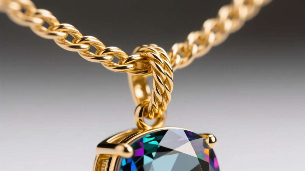 Close-up of a 1.5mm 14k gold rope chain threading through a heavy gemstone pendant bail, highlighting the twisted link texture.