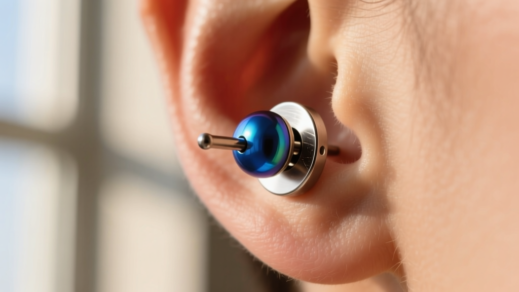 Macro shot of a 16-gauge titanium flat-back labret earring featuring a hollow anodized blue orb on a cartilage helix piercing.