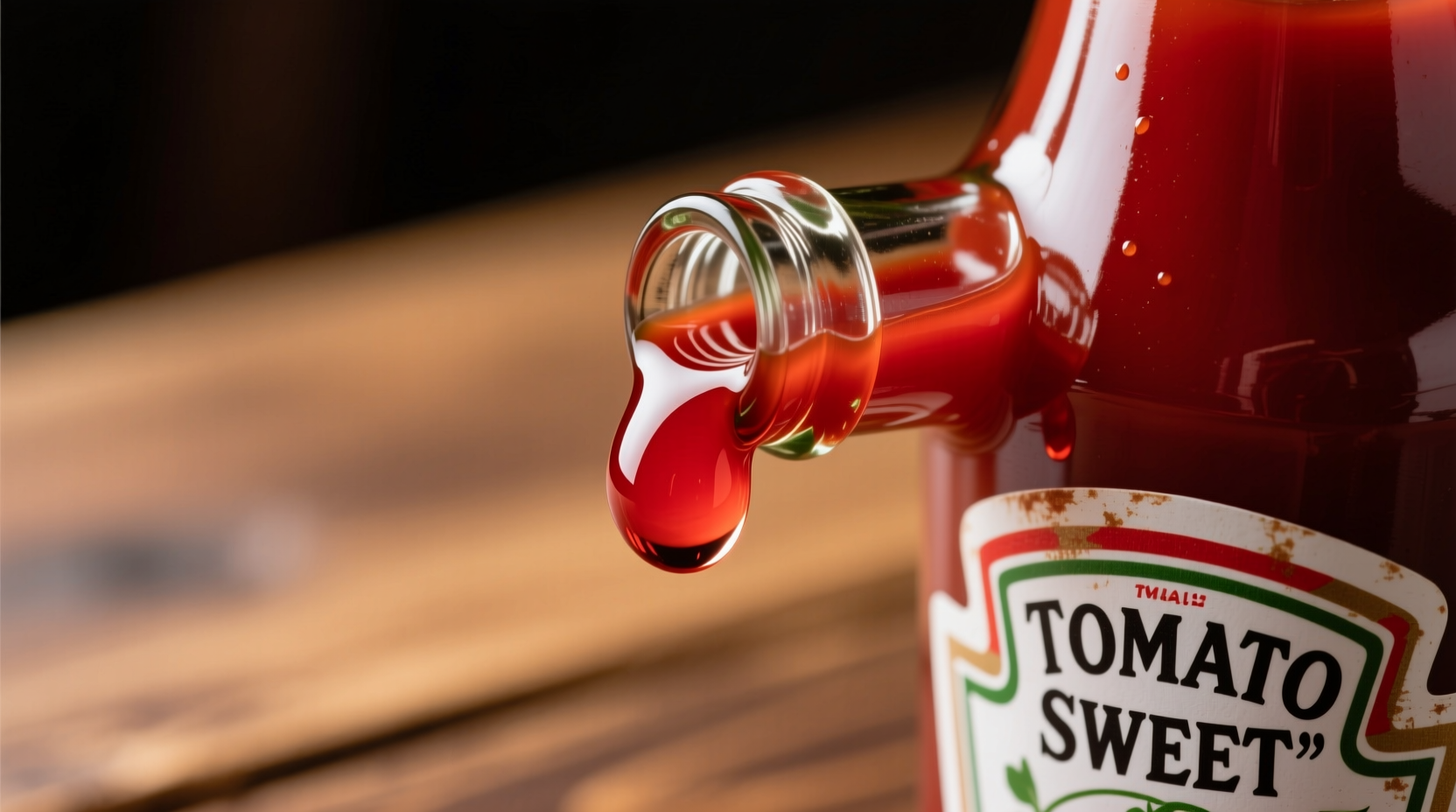 Close-up of ketchup bottle with droplet forming
