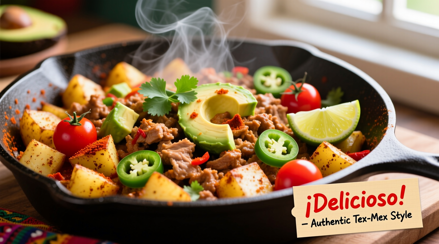 Colorful Tex-Mex potato skillet with ground turkey and avocado