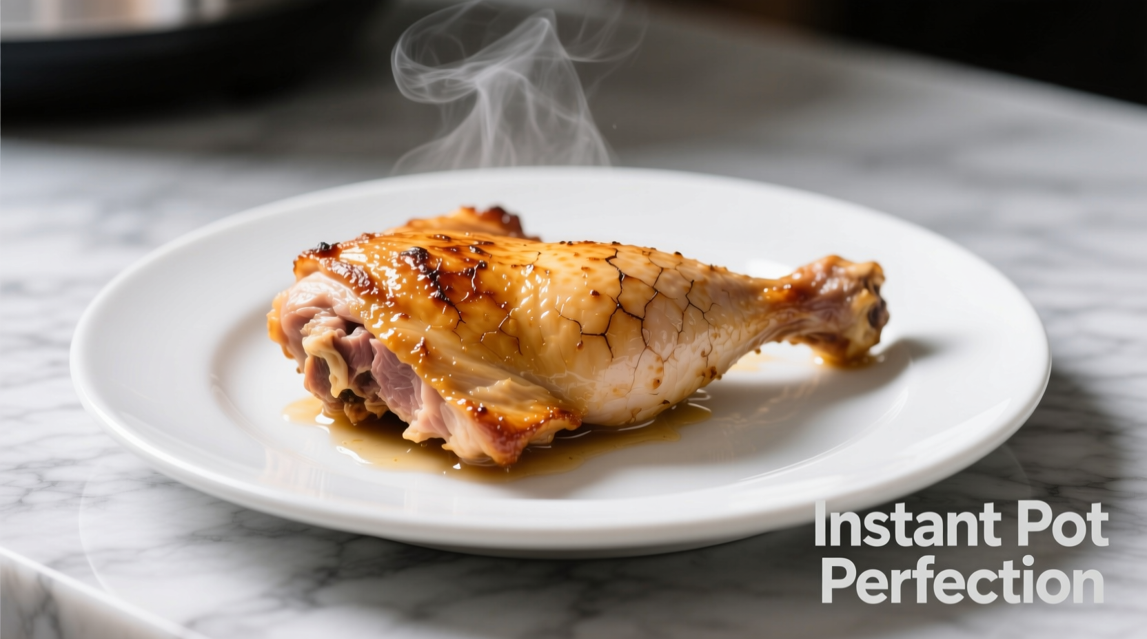 Perfectly cooked Instant Pot chicken thighs on white plate