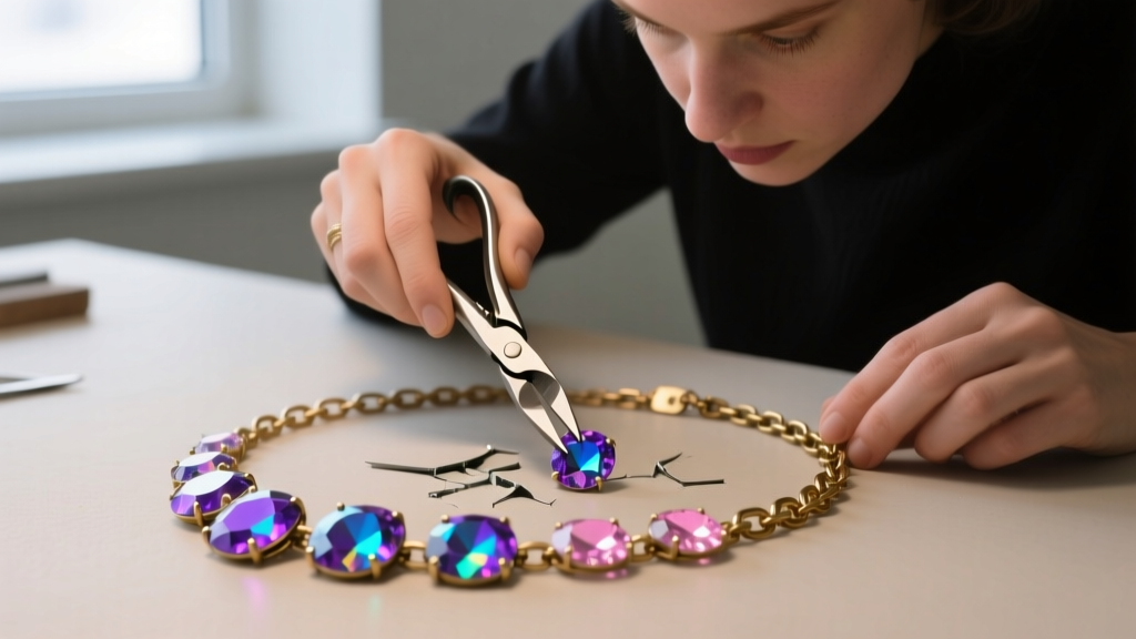 Jeweler using flush cutters to carefully harvest aurora borealis glass rhinestones from a broken 1980s brass choker necklace