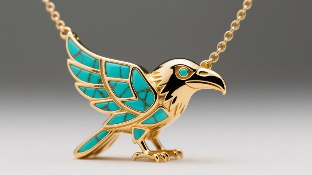 Macro shot of a 14k gold raven totem necklace with turquoise inlay, showing precise bezel setting edges and high metal polish.