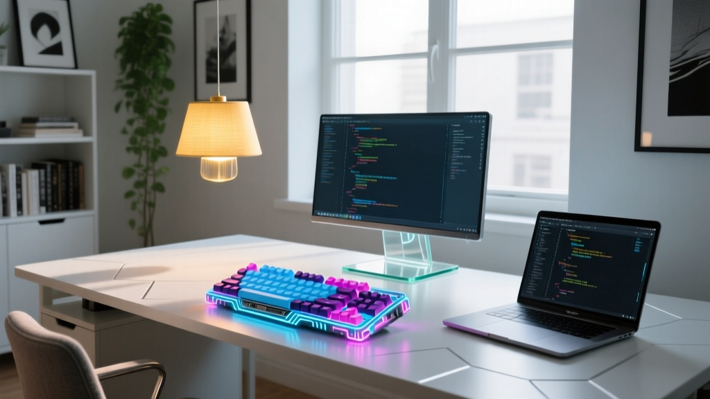 A sleek modern home office desk setup featuring a glowing cyberpunk mechanical keyboard and a levitating warm-toned ambient lamp