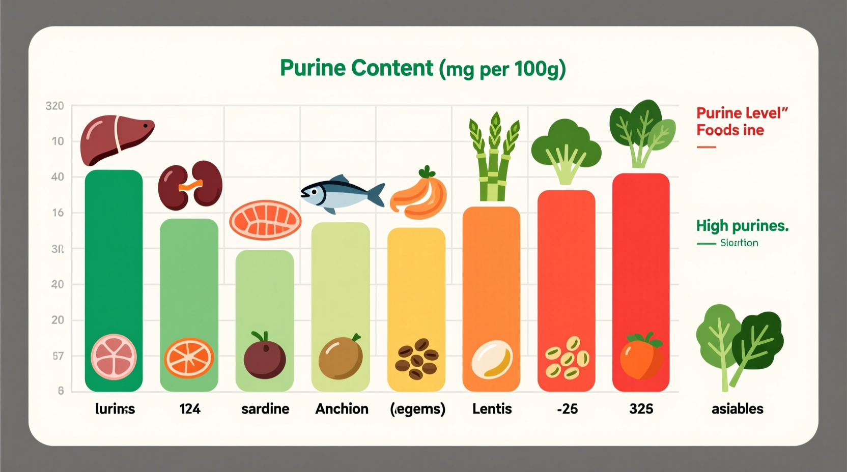 Colorful chart showing purine content in common foods