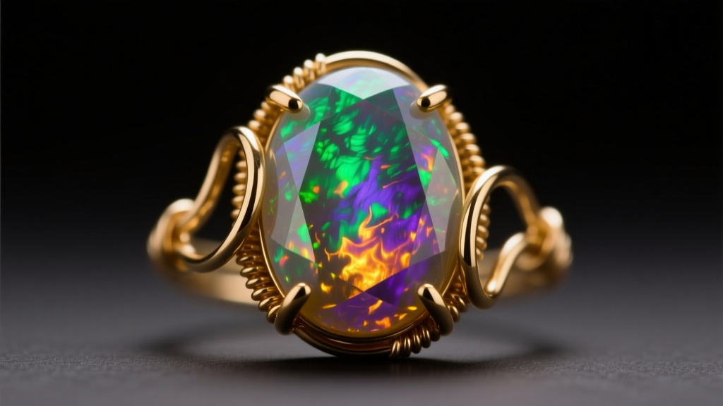 Macro shot of an Ethiopian opal cabochon in a 24-gauge gold-filled wire wrap setting under warm, directional studio lighting