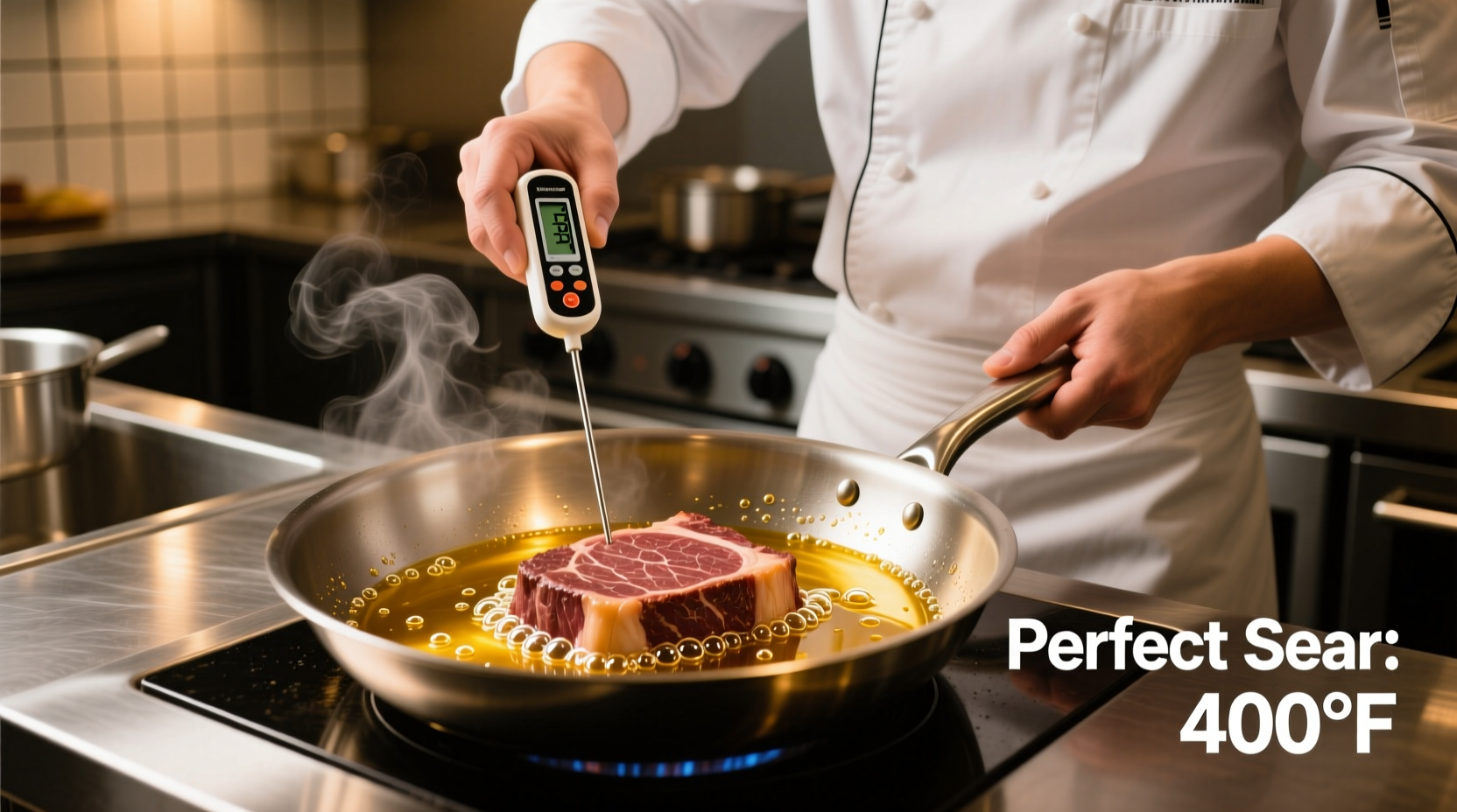 Chef testing oil temperature for perfect sear