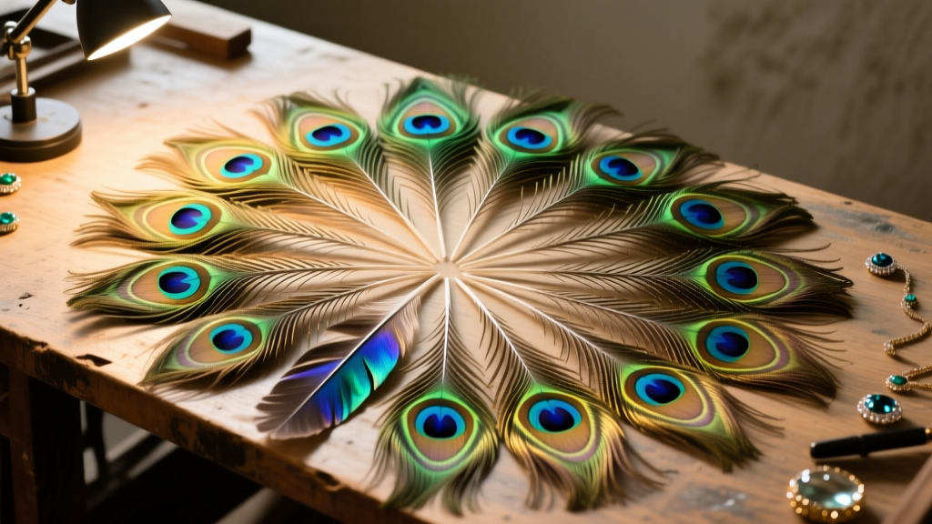 Molted peacock feathers sorted by symmetry on a wooden workbench, bathed in warm directional lighting for jeweler inspection.