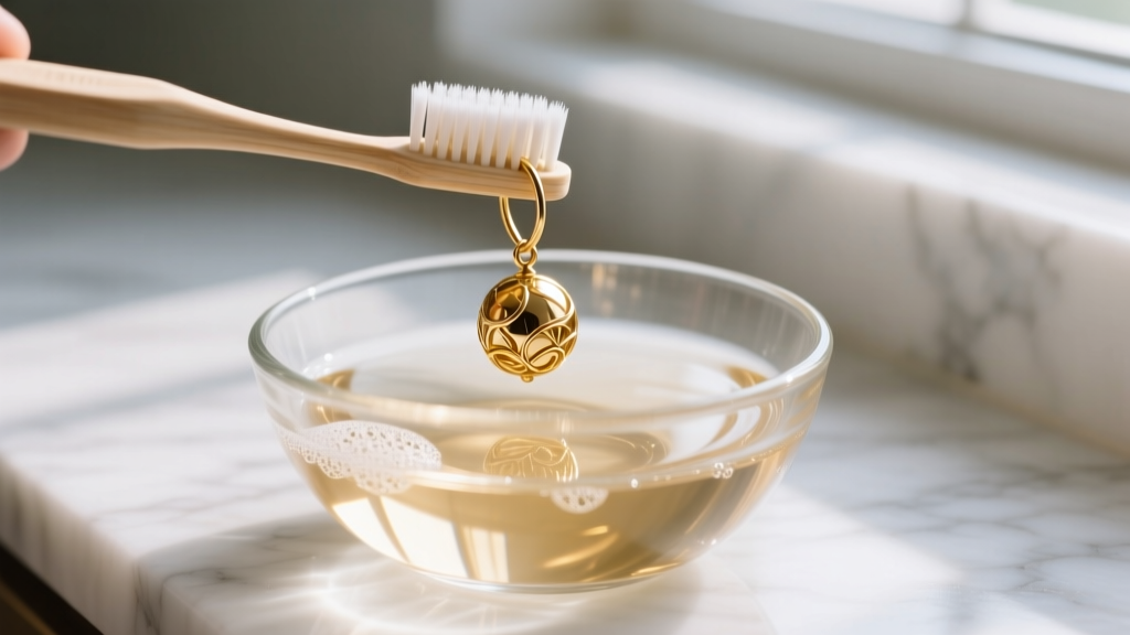 Soft toothbrush cleaning a 14k gold ball drop earring wire in a glass bowl of warm soapy water on a white marble countertop.