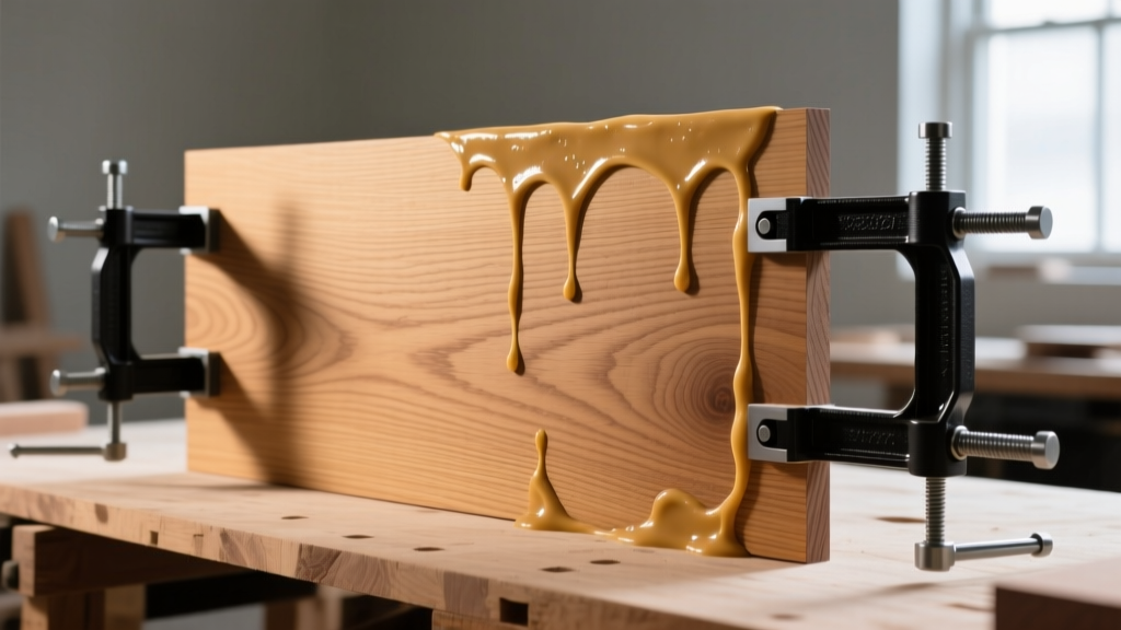 Parallel jaw wood clamps securing a large oak panel glue-up on a workbench with visible glue squeeze-out along the seams.