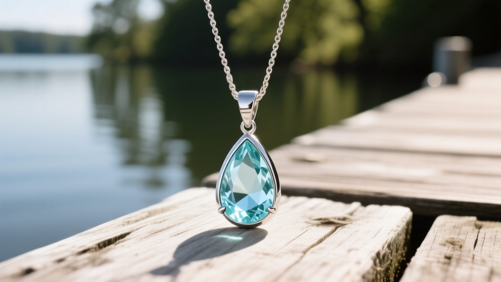 Close-up of a sterling silver teardrop pendant with a pale blue aquamarine stone resting on a weathered wooden dock near water