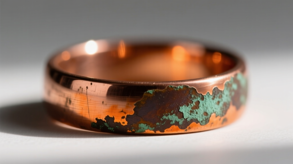 Macro photo of a copper ring showing oxidation stages, from bright polished orange to deep brown and faint green verdigris patina.