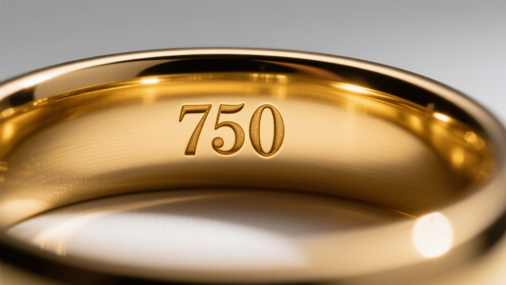 Macro shot of an 18k yellow gold ring inner band showing a crisp 750 hallmark stamp, illuminated by a bright jeweler