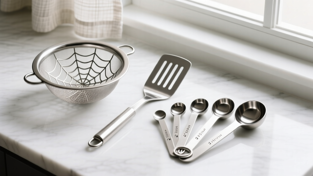 Overhead flat lay of budget stainless steel kitchen accessories including a mesh spider strainer, slotted turner, and measuring spoons