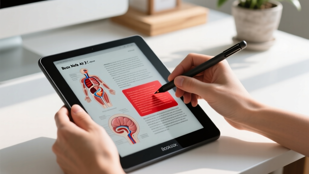 Close up of hands using an active stylus to highlight text in red on a Boox Note Air 3 C color e-ink tablet displaying a biology PDF