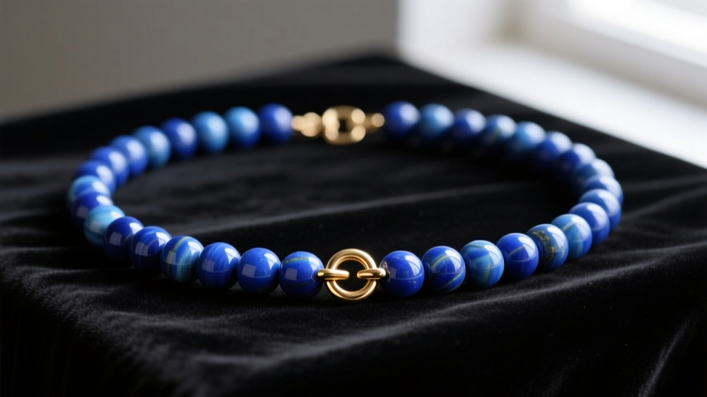 14mm lapis lazuli thick beaded necklace with a brass toggle clasp on dark velvet, soft lighting highlighting polished blue stones