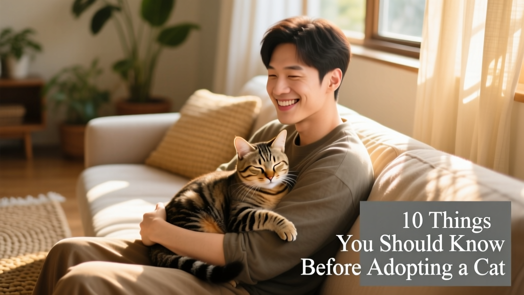 A smiling person gently holding a relaxed tabby cat while sitting on a sunlit couch