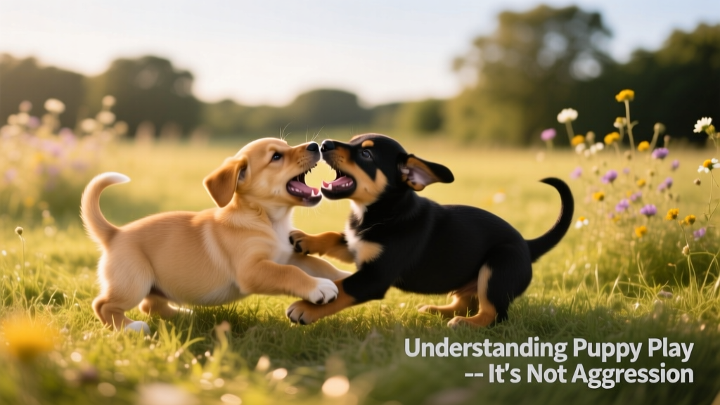 Two puppies gently nipping and wrestling during play, showing relaxed body language