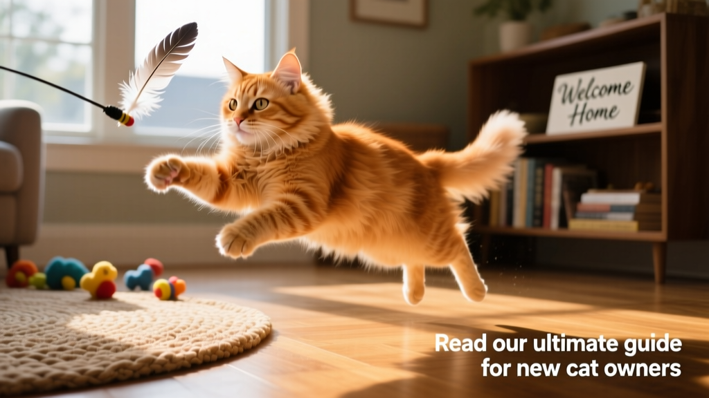 A cat mid-leap, chasing a feather toy during daytime play