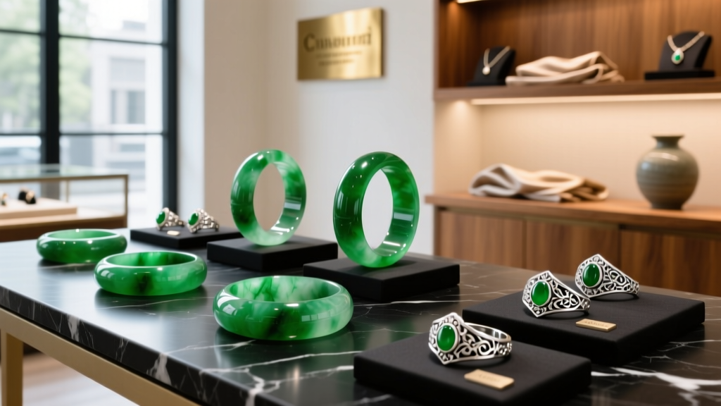Well-lit display counter in a jade and art jewelry gift shop featuring vibrant green jadeite bangles and silver artisan rings.